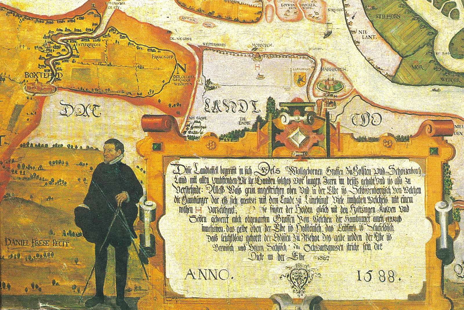 historische Karte, auf der auch ein Mann abgebildet ist.