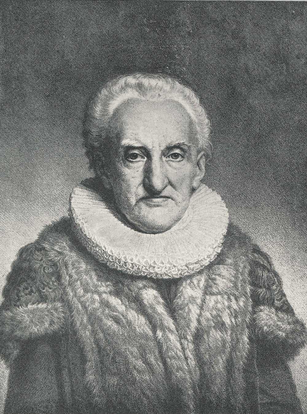 Historisches Bild eines Senators mit weißer Halskrause und Pelzmantel