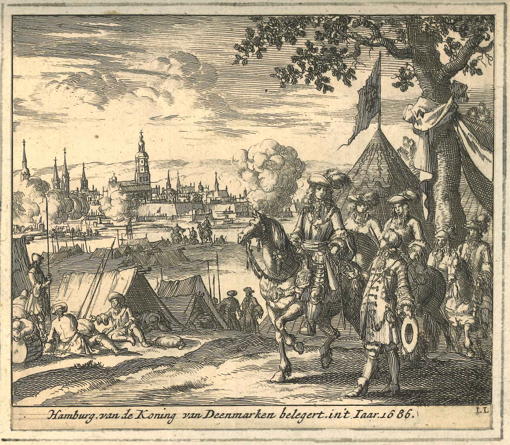 Historische Zeichnung: Blick über Hamburg im Vordergrund Soldaten in Zelten und Soldaten auf Pferden