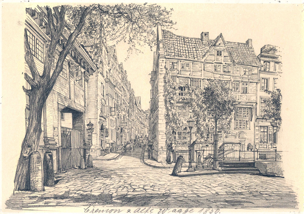 Zeichnung eines Platzes, Fachwerkhäuser, Blick in eine Gasse