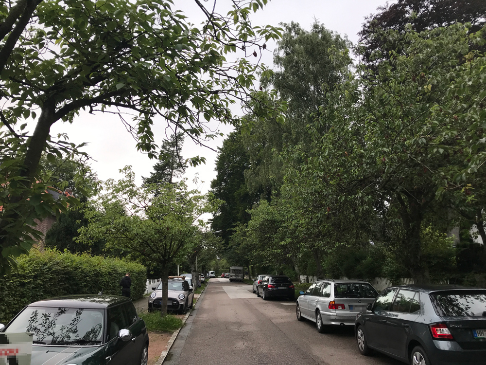 Straße mit parkenden Autos rechts und links