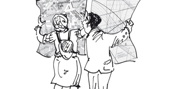 Zeichnung: Mann und Frau gucken auf eine sehr Großen Stadtplan