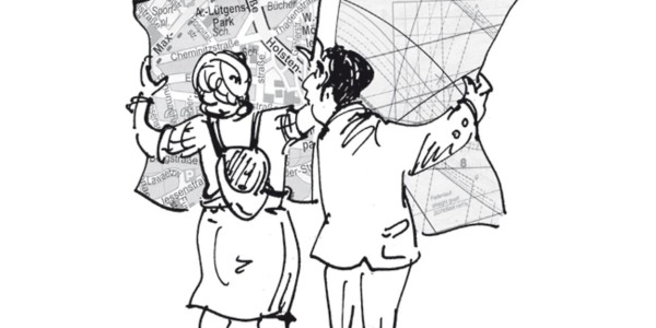 Zeichnung: Mann und Frau gucken auf eine sehr Großen Stadtplan
